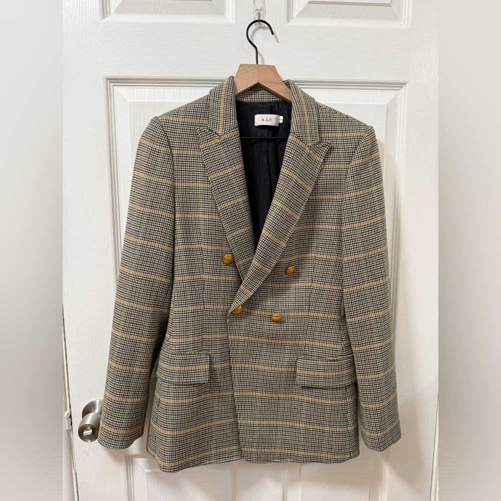 ALC Sedgwick Green Yellow Plaid Gold Double Breasted Blazer Preppy Fall Tailored - Picture 2 of 16